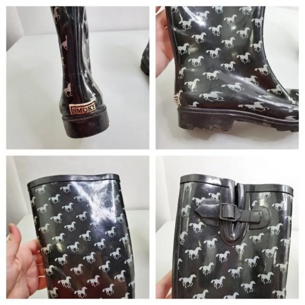 Smoky Mountain Rain Boots 9‎ Horses Black White Tal